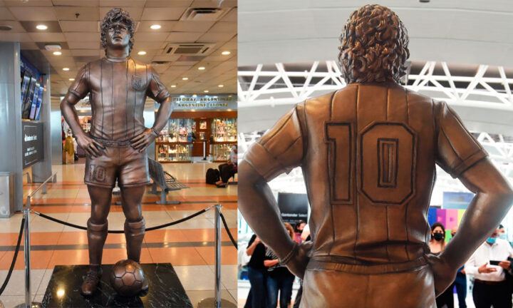 Escultura de Maradona en la terminal A del aeropuerto de Ezeiza